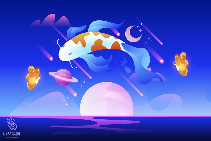 唯美梦幻创意卡通人物鲸鱼海豚夜景插画背景图案AI矢量设计素材【020】